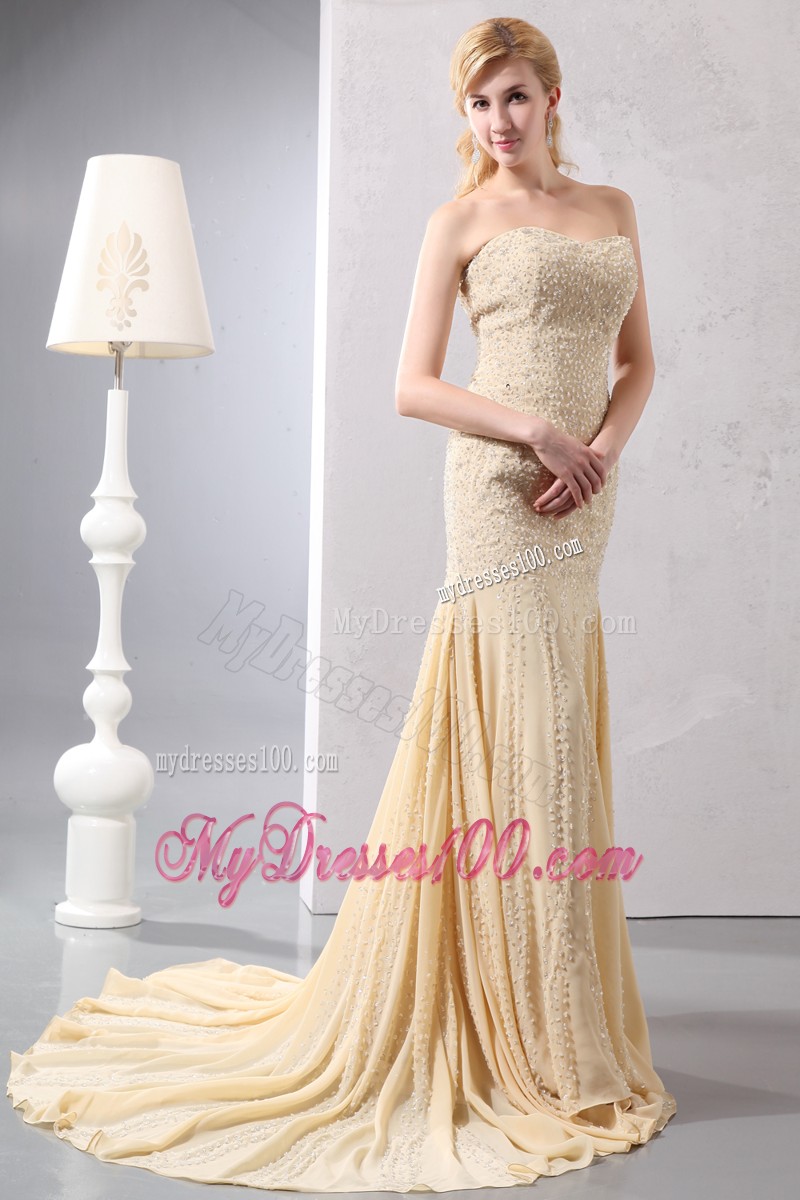 Elegant Strapless Court Train Gold Mermaid Dresses for Prom Princess