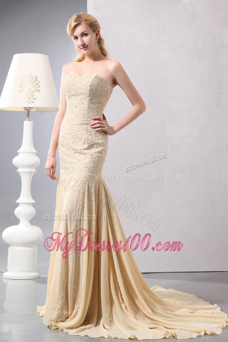 Elegant Strapless Court Train Gold Mermaid Dresses for Prom Princess