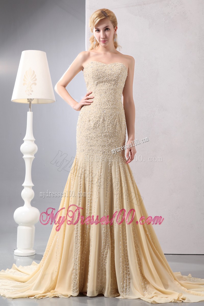 Elegant Strapless Court Train Gold Mermaid Dresses for Prom Princess