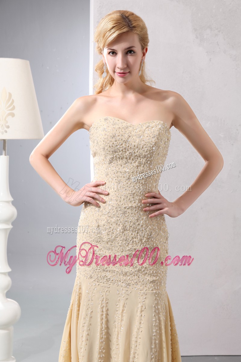 Elegant Strapless Court Train Gold Mermaid Dresses for Prom Princess