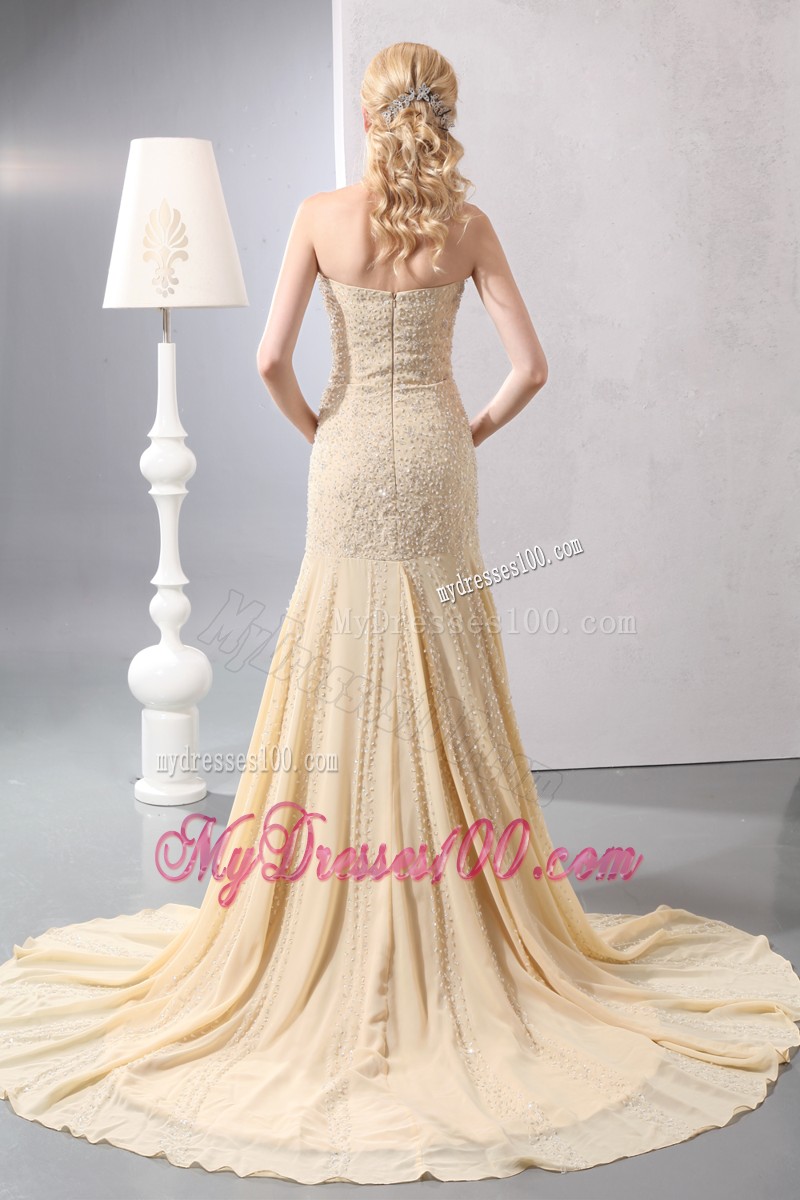 Elegant Strapless Court Train Gold Mermaid Dresses for Prom Princess