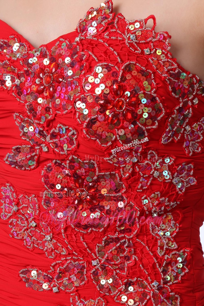 Sequined Appliques Decorated Ruching Prom Dresses with Zipper-up Back