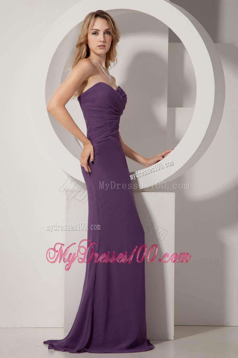 Dark Purple Column Brush Train Zipper Back Prom Dresses