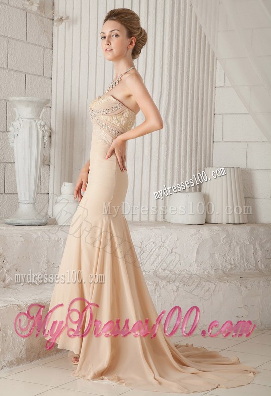 Champagne Brush Train Chiffon Zipper Up Mermaid Prom Dresses