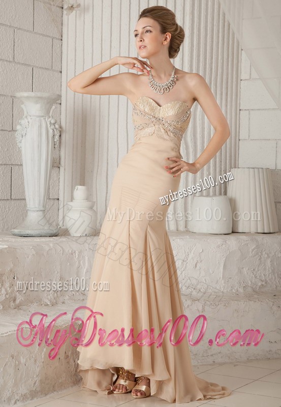 Champagne Brush Train Chiffon Zipper Up Mermaid Prom Dresses