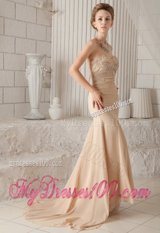 Champagne Brush Train Chiffon Zipper Up Mermaid Prom Dresses