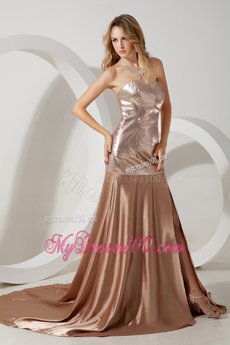 Champagne Empire Sweetheart Court Train Sequin and Elastic Woven Satin Prom / Evening Dress