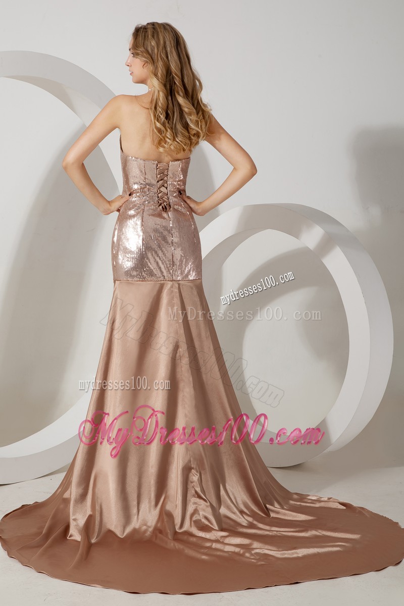 Champagne Empire Sweetheart Court Train Sequin and Elastic Woven Satin Prom / Evening Dress