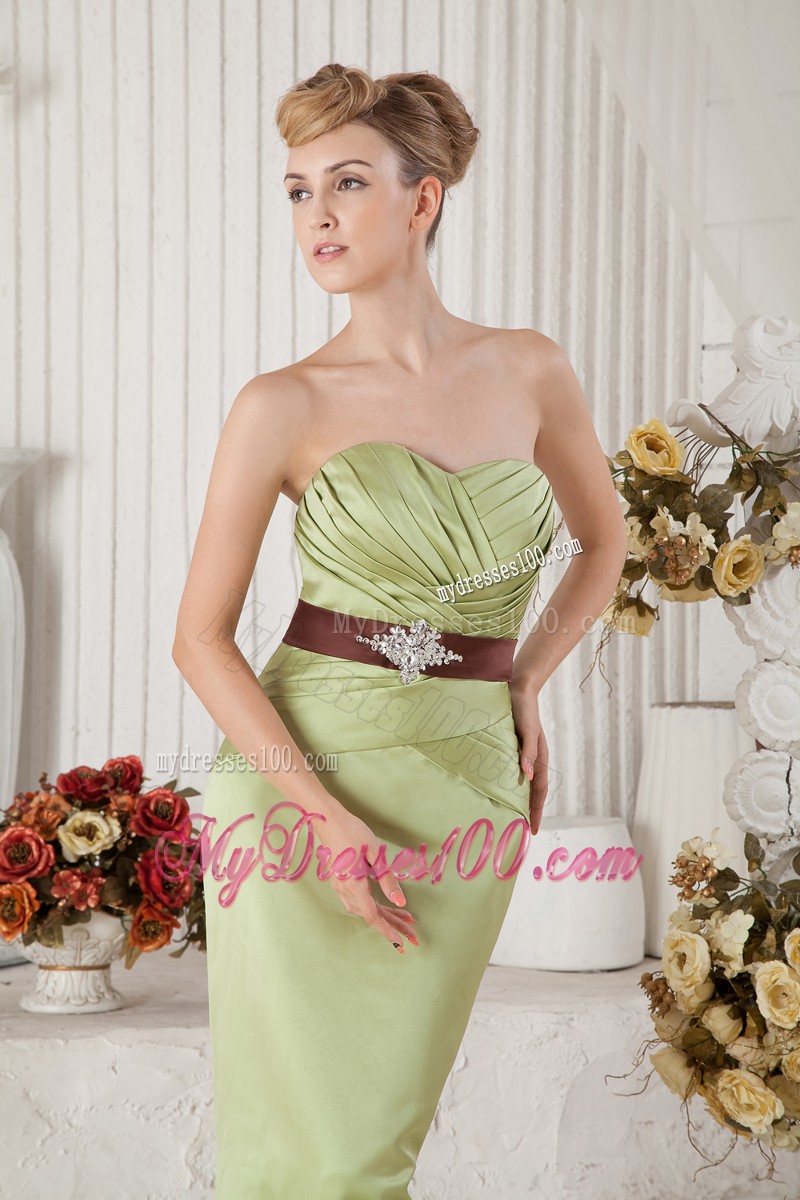 Yellow Green Ruched Sweetheart Prom Dress with Sweep Train and Bead Sash
