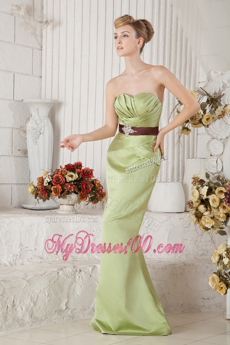 Yellow Green Ruched Sweetheart Prom Dress with Sweep Train and Bead Sash