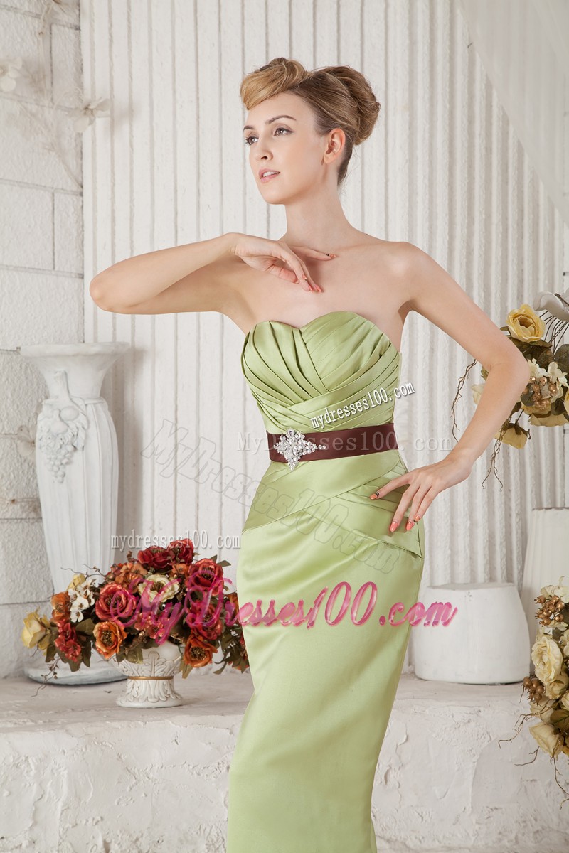 Yellow Green Ruched Sweetheart Prom Dress with Sweep Train and Bead Sash