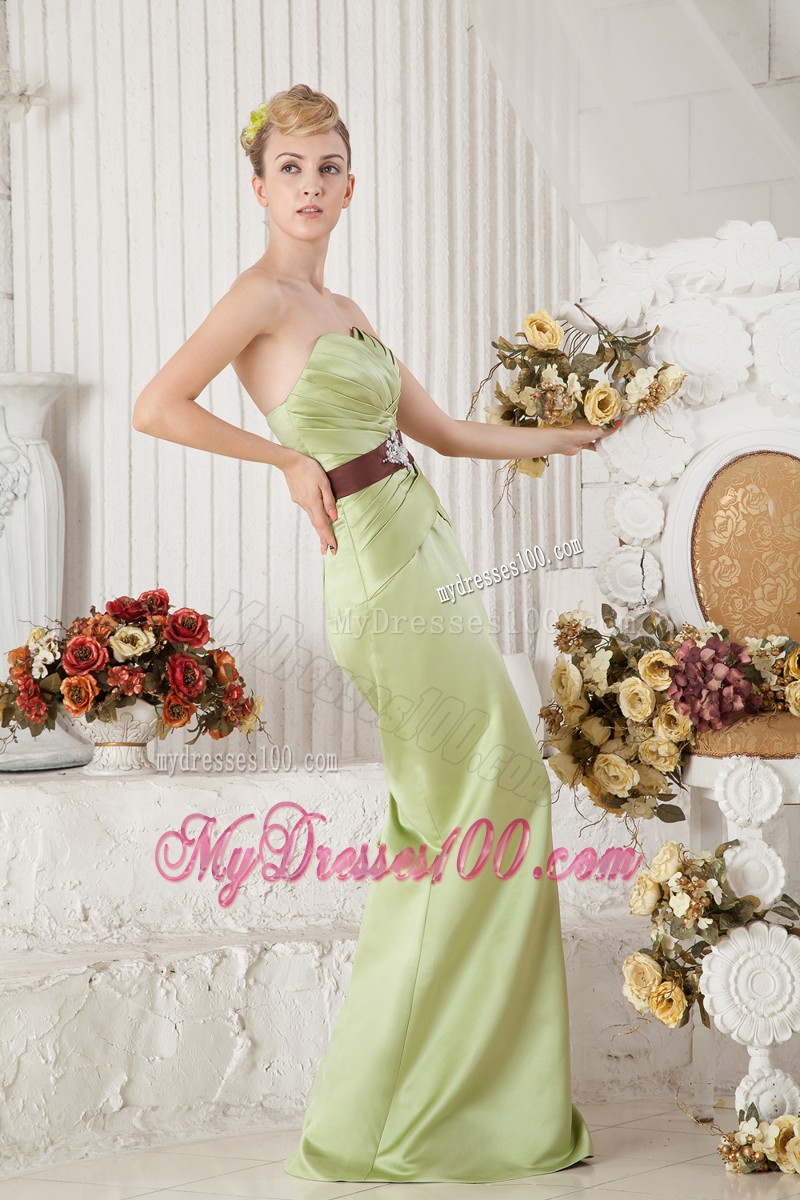 Yellow Green Ruched Sweetheart Prom Dress with Sweep Train and Bead Sash