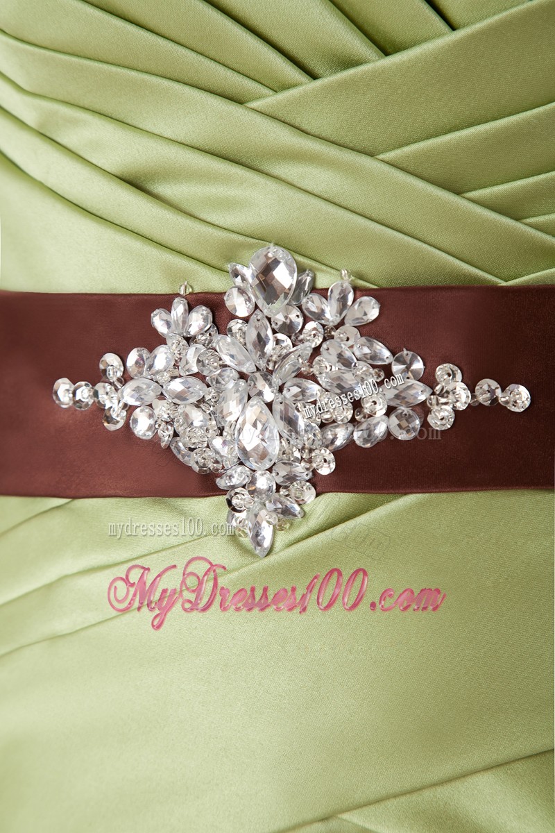 Yellow Green Ruched Sweetheart Prom Dress with Sweep Train and Bead Sash