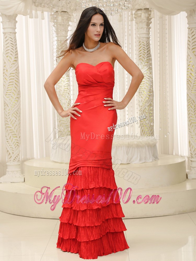 Ruching and Tiers Sheath Zipper-up Back Prom Dress in Red