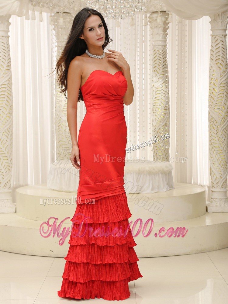 Ruching and Tiers Sheath Zipper-up Back Prom Dress in Red