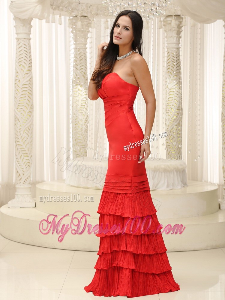 Ruching and Tiers Sheath Zipper-up Back Prom Dress in Red