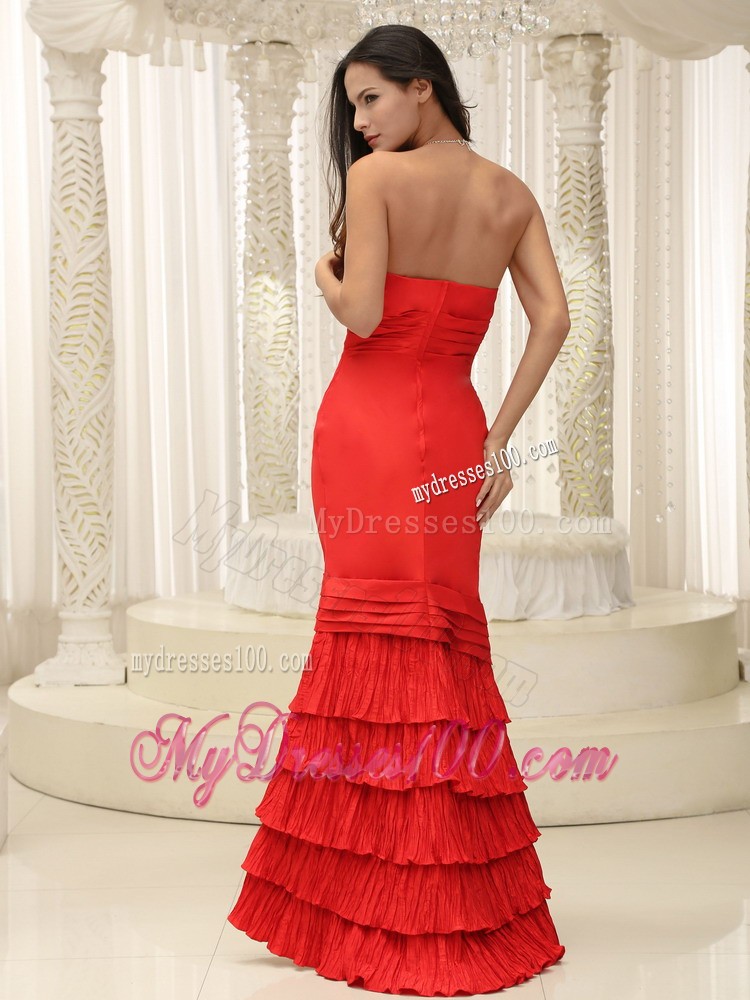 Ruching and Tiers Sheath Zipper-up Back Prom Dress in Red