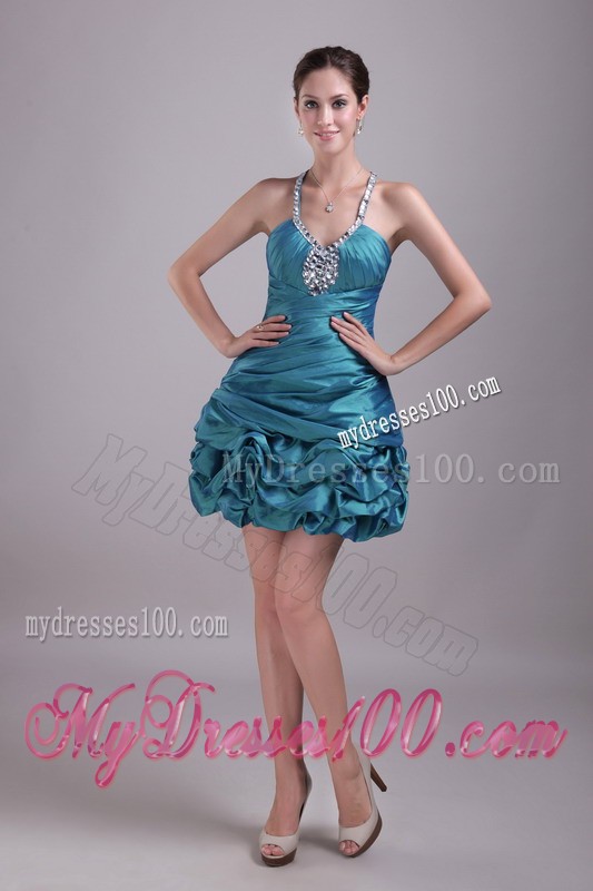 Dapper Ruffles Halter Top Teal Mini Prom Dress with Beading