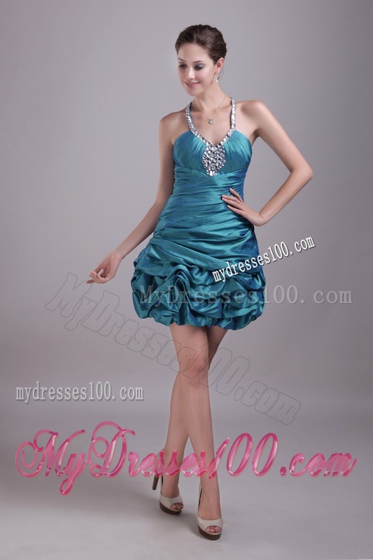 Dapper Ruffles Halter Top Teal Mini Prom Dress with Beading