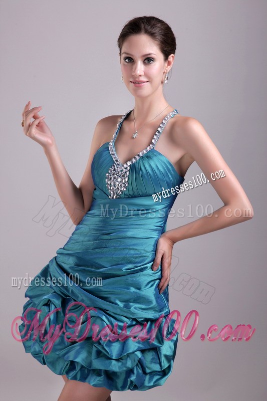 Dapper Ruffles Halter Top Teal Mini Prom Dress with Beading