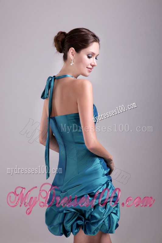 Dapper Ruffles Halter Top Teal Mini Prom Dress with Beading
