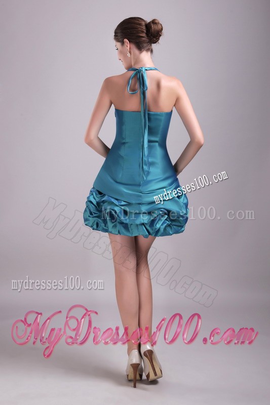 Dapper Ruffles Halter Top Teal Mini Prom Dress with Beading