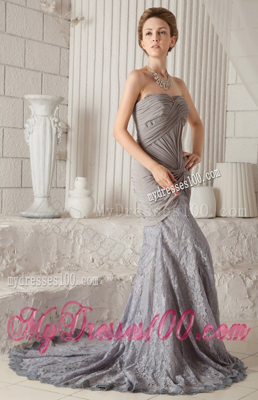 Charming Grey Mermaid Court Train Chiffon and Lace Prom Dress