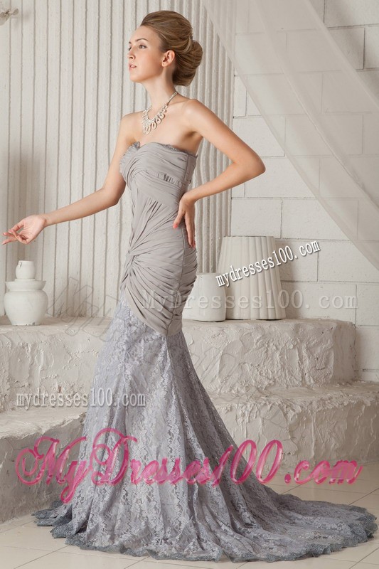 Charming Grey Mermaid Court Train Chiffon and Lace Prom Dress