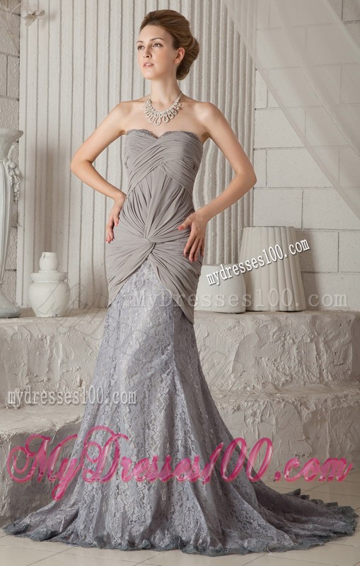 Charming Grey Mermaid Court Train Chiffon and Lace Prom Dress
