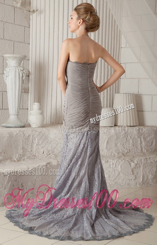 Charming Grey Mermaid Court Train Chiffon and Lace Prom Dress