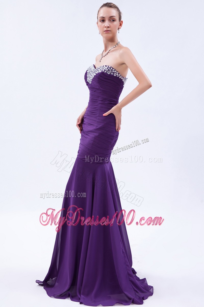 Sweetheart Beaded Mermaid Brush Train Purple Prom Dresses