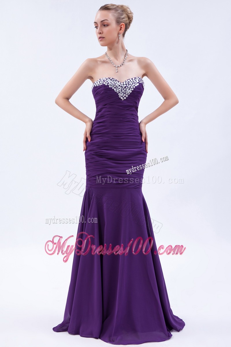 Sweetheart Beaded Mermaid Brush Train Purple Prom Dresses