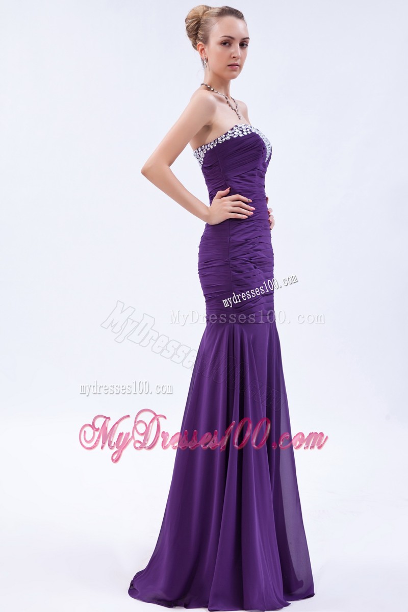 Sweetheart Beaded Mermaid Brush Train Purple Prom Dresses