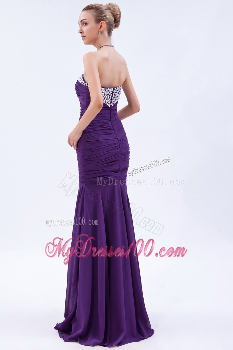 Sweetheart Beaded Mermaid Brush Train Purple Prom Dresses