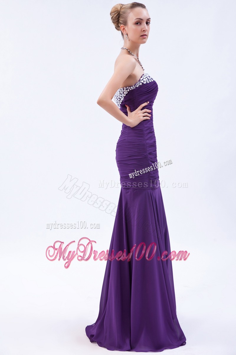 Sweetheart Beaded Mermaid Brush Train Purple Prom Dresses