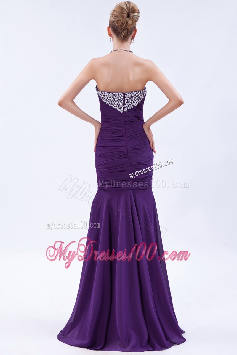 Sweetheart Beaded Mermaid Brush Train Purple Prom Dresses