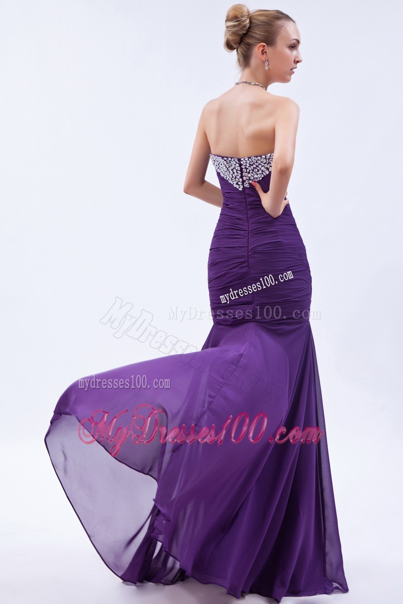 Sweetheart Beaded Mermaid Brush Train Purple Prom Dresses