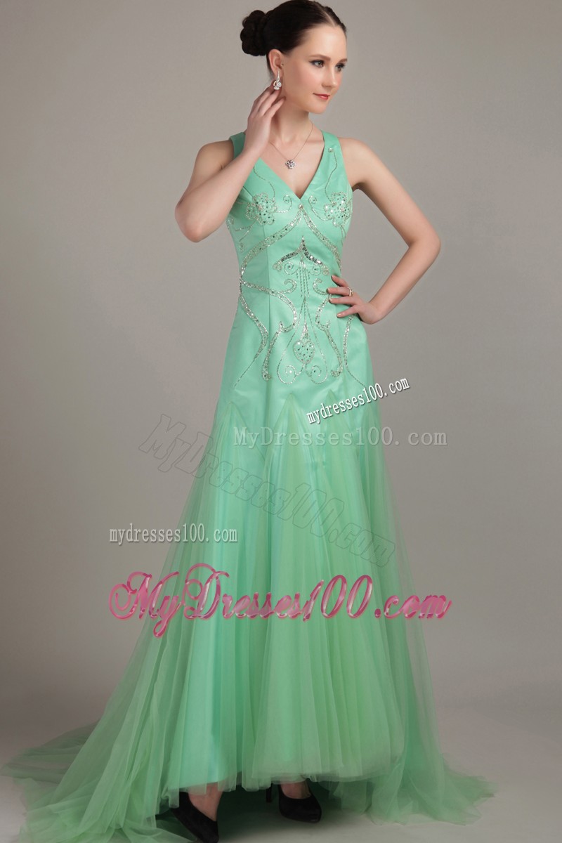 V-neck Embroidery Brush Train Apple Green Prom Evening Dresses