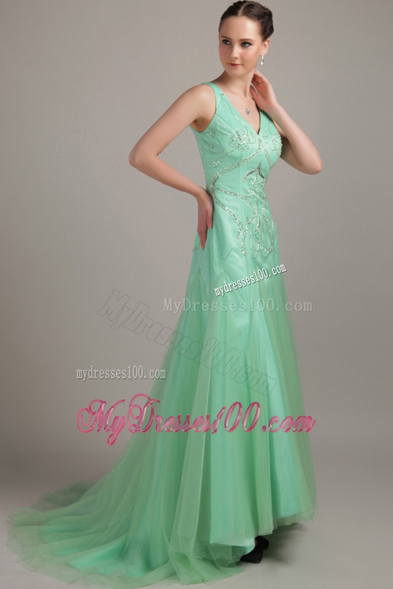 V-neck Embroidery Brush Train Apple Green Prom Evening Dresses