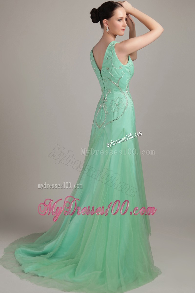 V-neck Embroidery Brush Train Apple Green Prom Evening Dresses