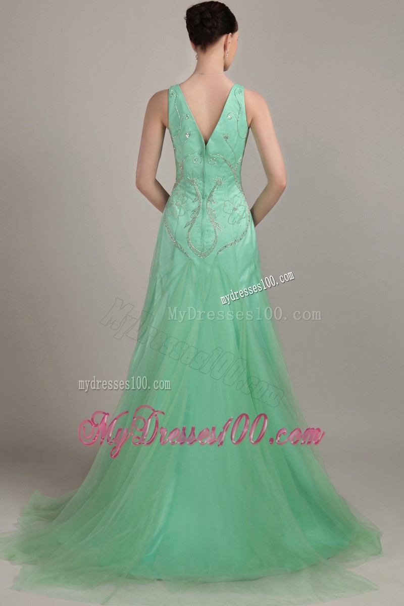 V-neck Embroidery Brush Train Apple Green Prom Evening Dresses