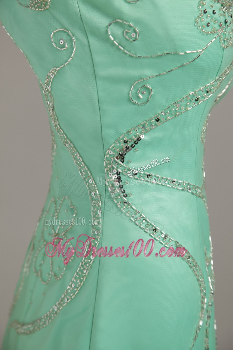 V-neck Embroidery Brush Train Apple Green Prom Evening Dresses