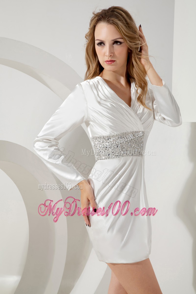 Pretty White Long Sleeve V-neck Zipper-up Column Prom Dresses