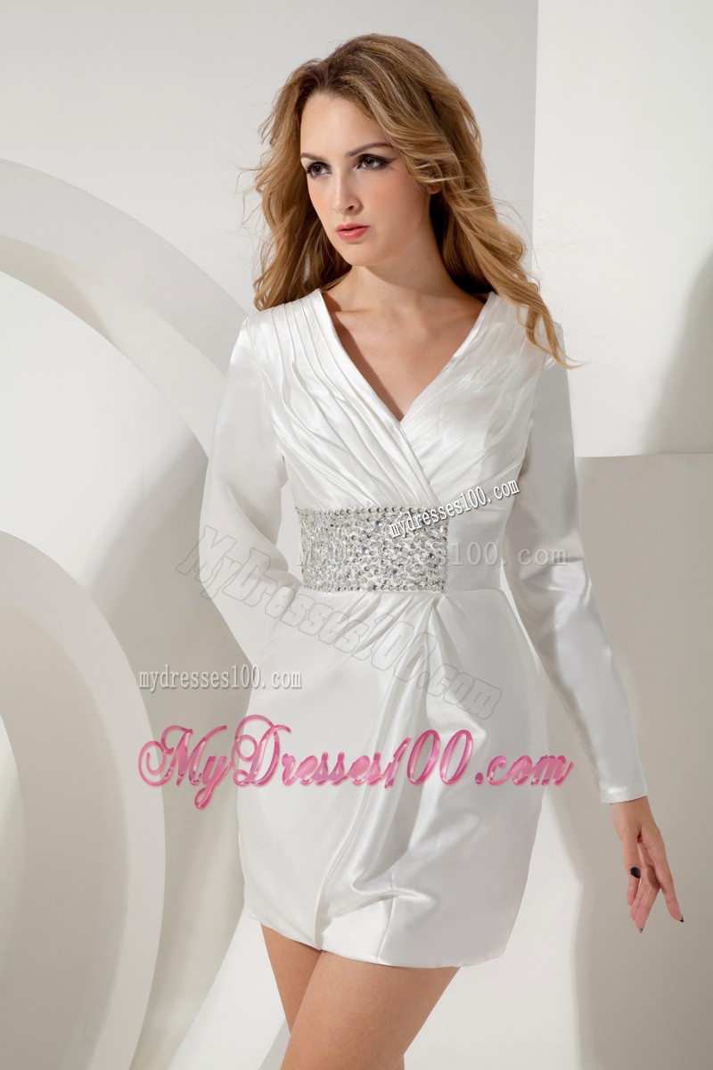 Pretty White Long Sleeve V-neck Zipper-up Column Prom Dresses