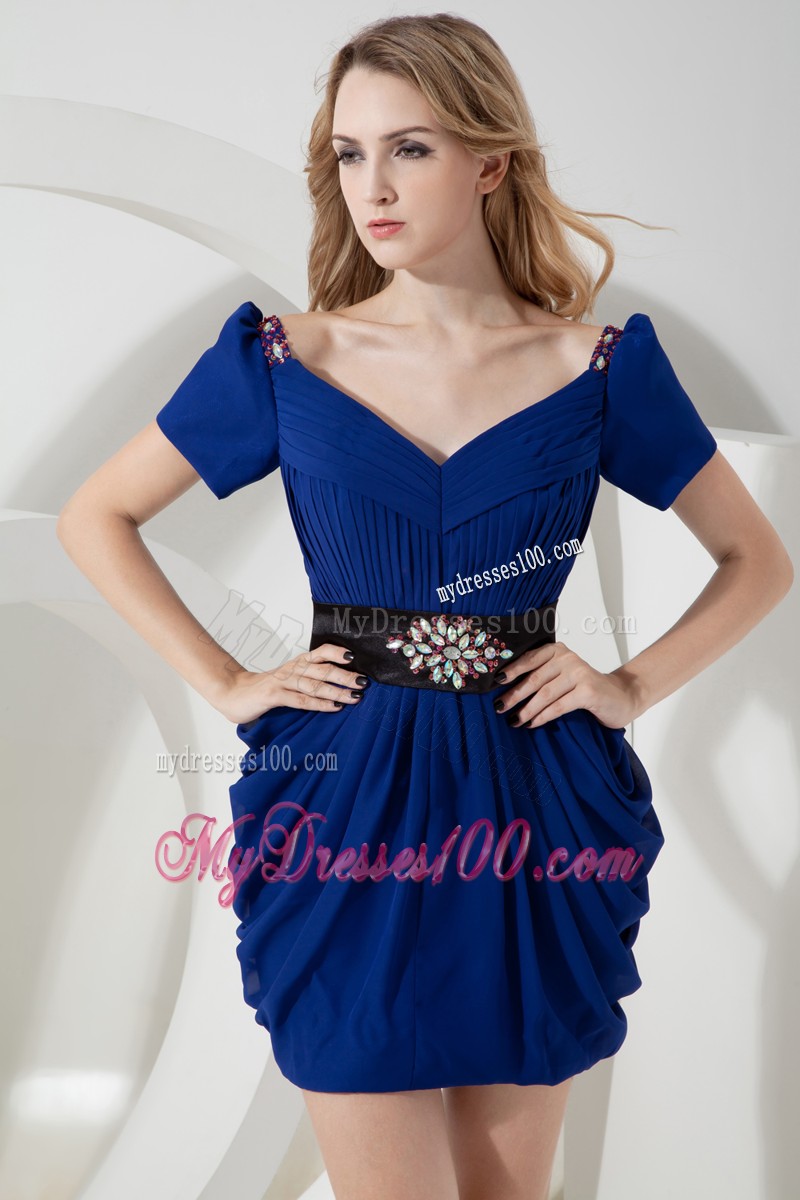 Blue Short Sleeve V-neck Prom Dress with Black Sashes Discount