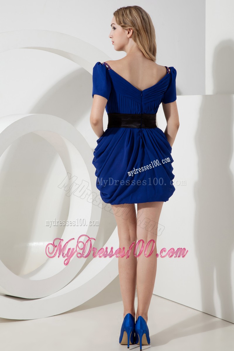Blue Short Sleeve V-neck Prom Dress with Black Sashes Discount