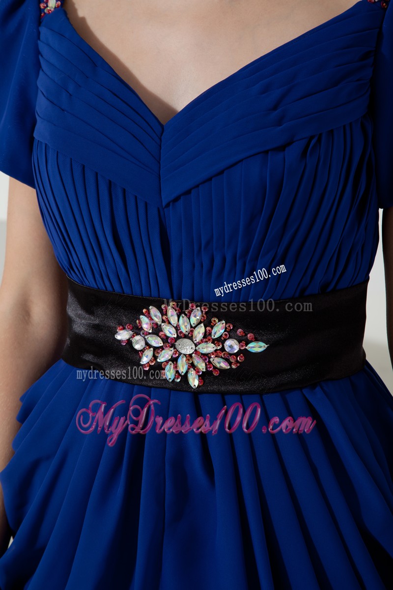 Blue Short Sleeve V-neck Prom Dress with Black Sashes Discount