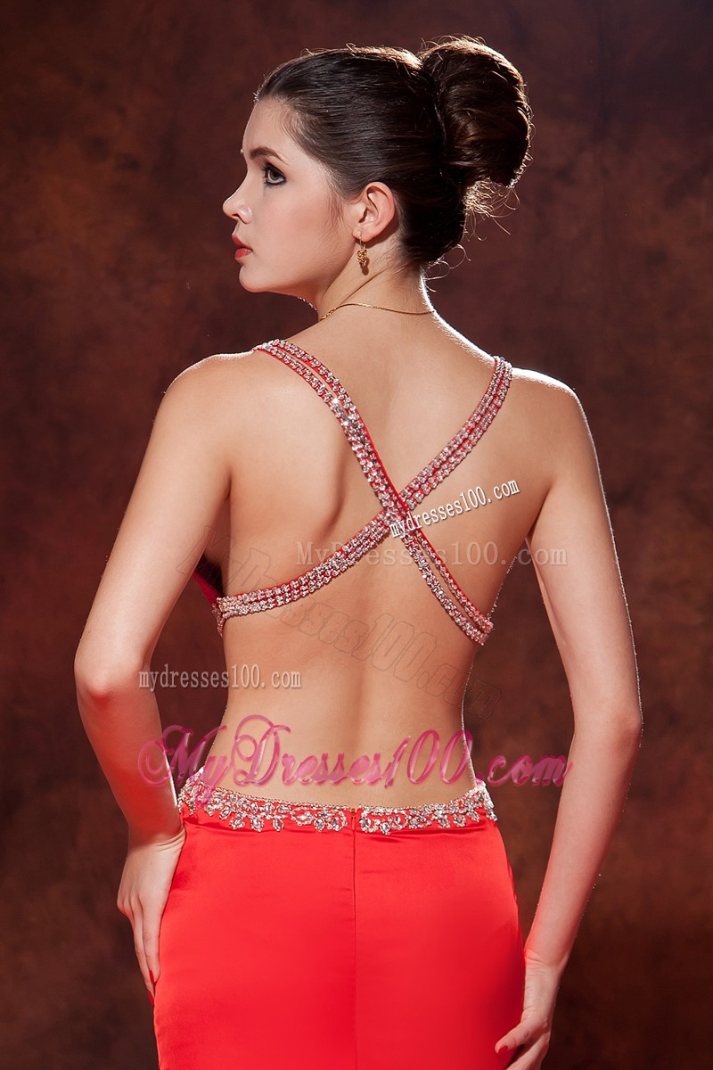 Criss Cross Back Spaghetti Straps Beaded Red Prom Dresses with Cut Out Waist