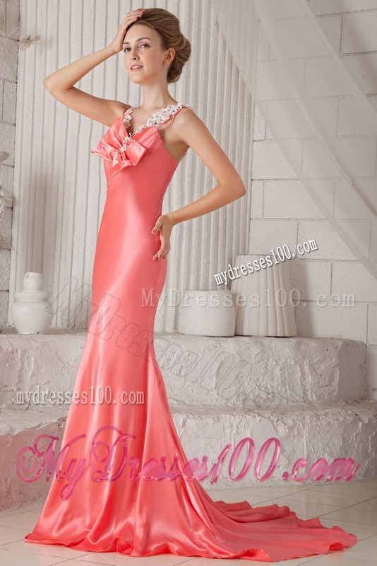 Watermelon Spaghetti Straps Floral Bowknot Court Train Prom Evening Dress