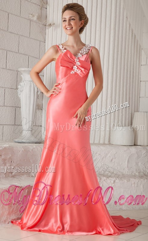 Watermelon Spaghetti Straps Floral Bowknot Court Train Prom Evening Dress